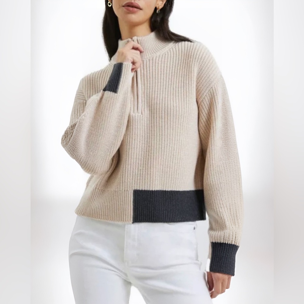 French Connection Joss Colorblock Half Zip Sweater in Oatmeal Sz XL NWT